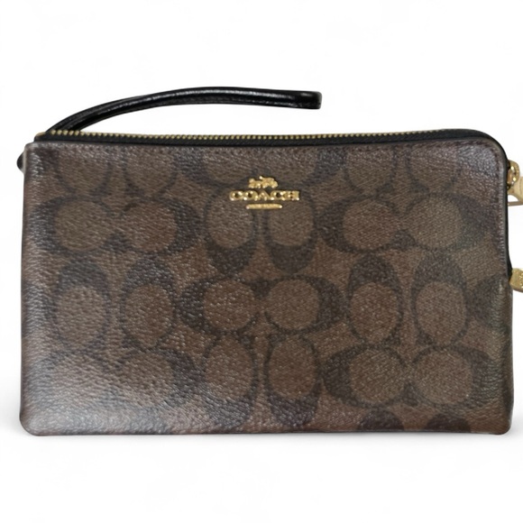 Coach Double Zip Black and Brown Wristlet - Picture 1 of 4